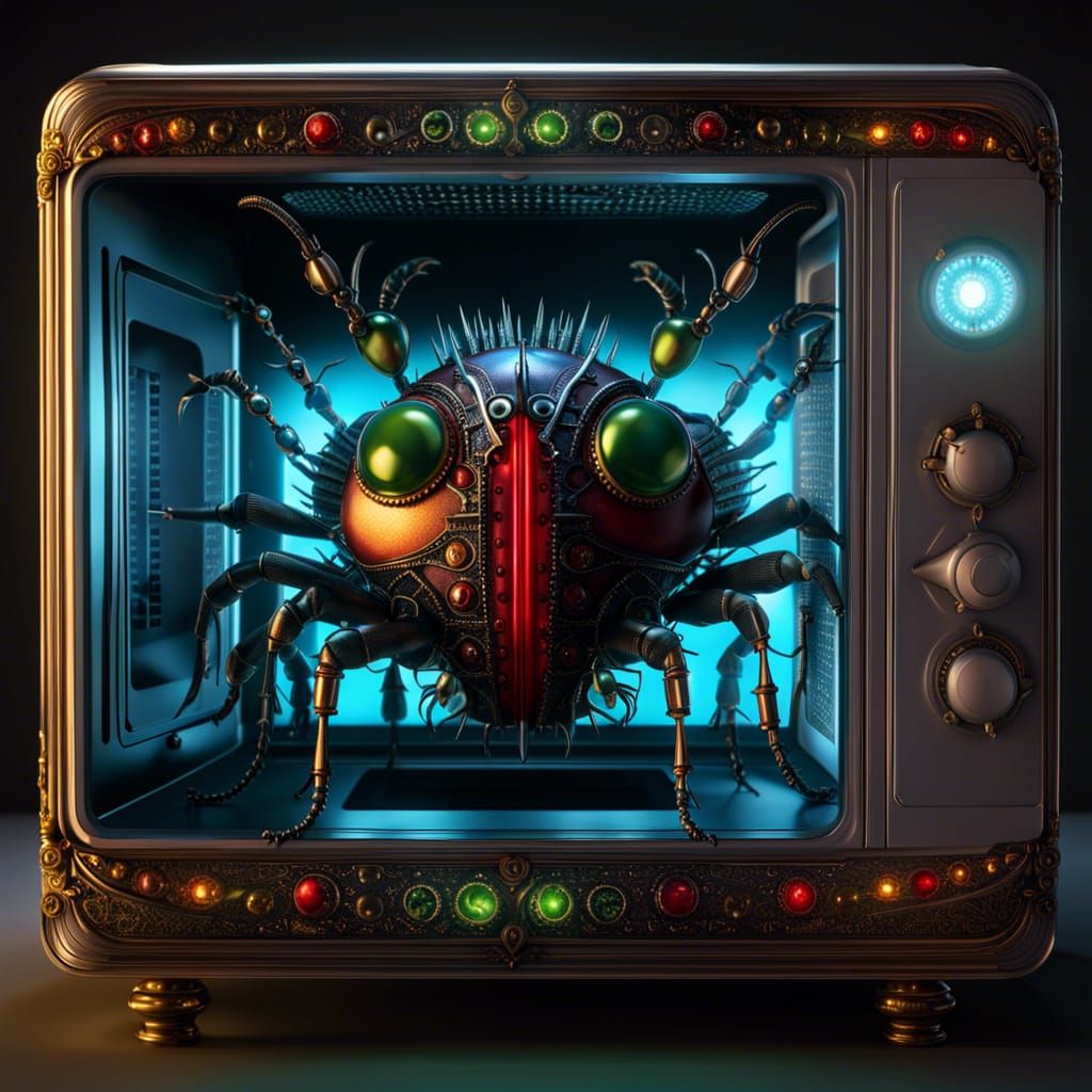 Gothic Anthropomorphic Microwave with Bugs: Art Deco Style