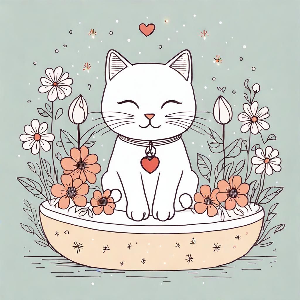 Cute Cat with Flowers: Digital Illustration