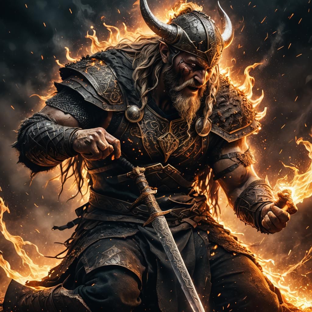 Viking Fire God Disintegrating, Hyperrealistic Digital Art