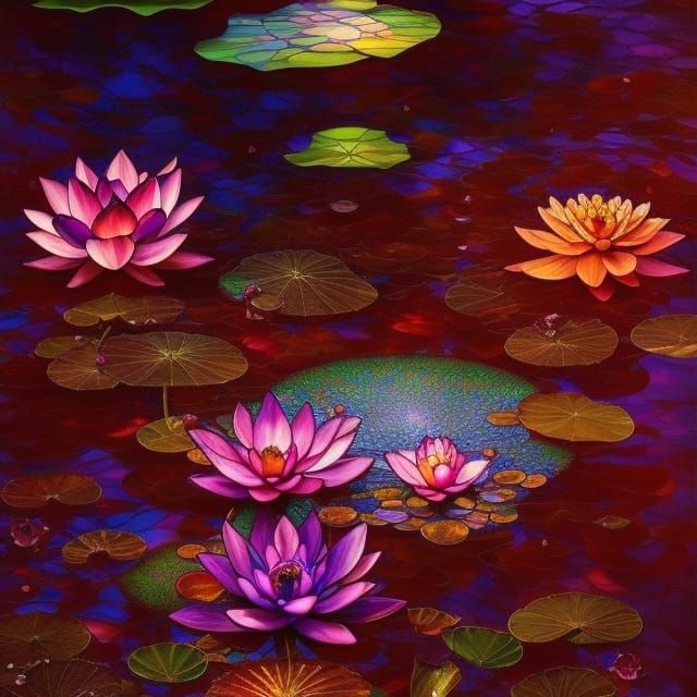 Stained Glass Lotus Lake Landscape in Digital Art
