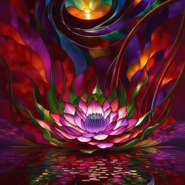 Stained Glass Lotus Lake Landscape in Digital Art