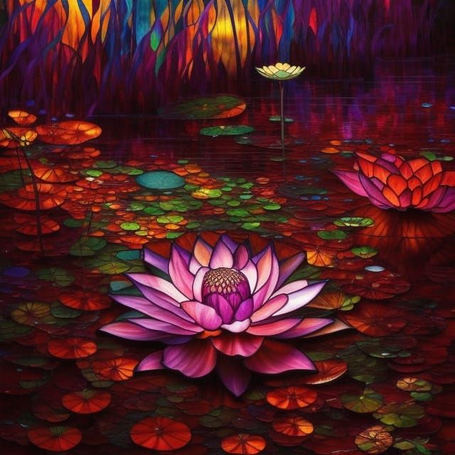 Stained Glass Lotus Lake Landscape in Digital Art