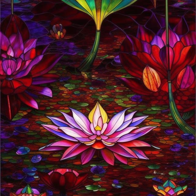 Stained Glass Lotus Lake Landscape in Digital Art