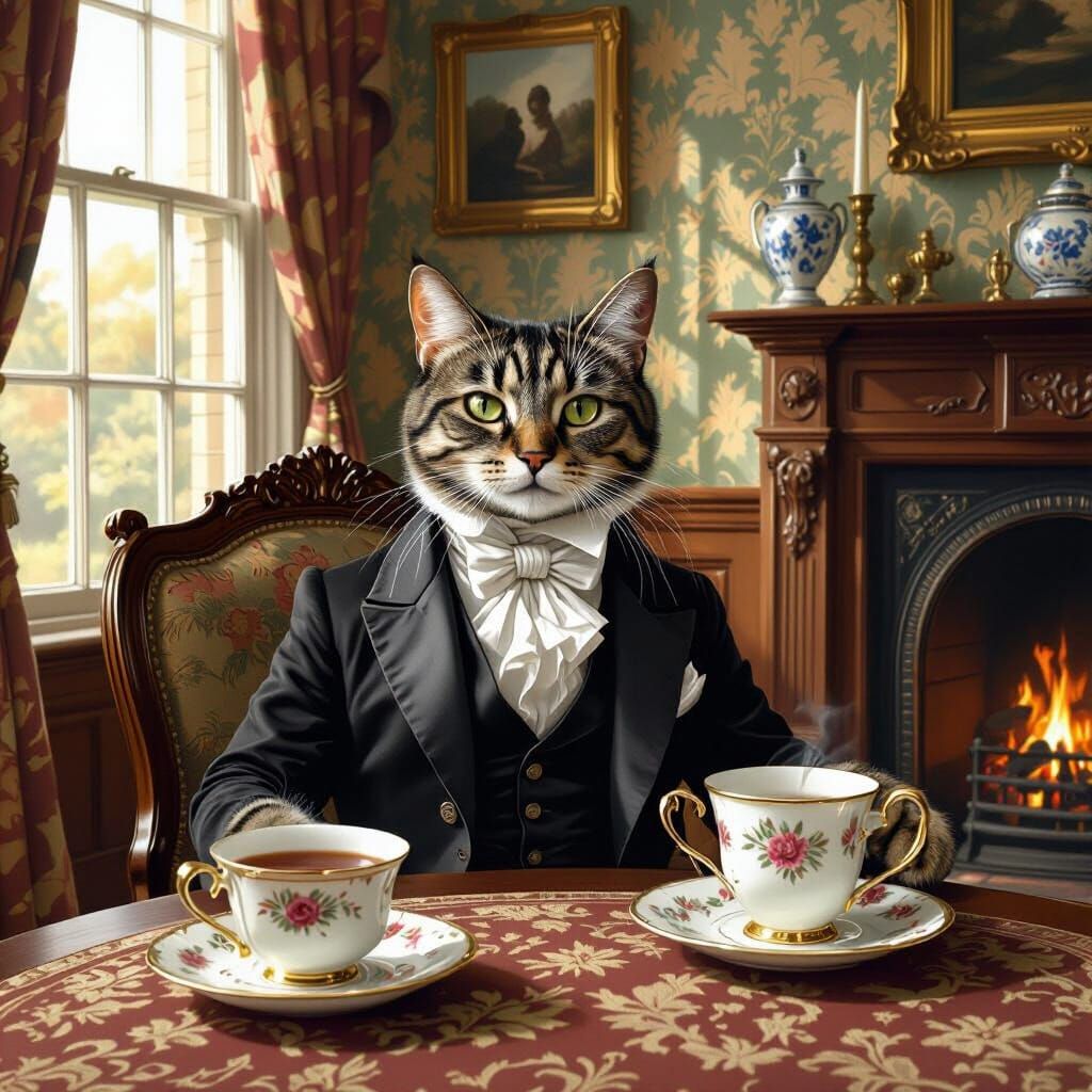 Victorian Cat Sipping Tea: A Hyper-Realistic Digital Paintin...