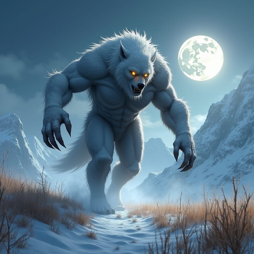 Werewolf Running Through Snowy Field at Night