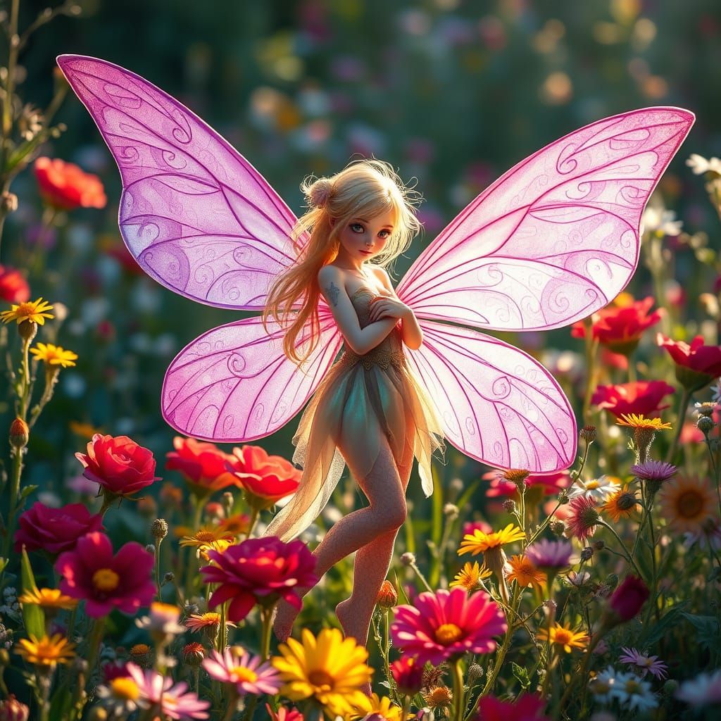 Whimsical Fairy in Vibrant Floral Wonderland