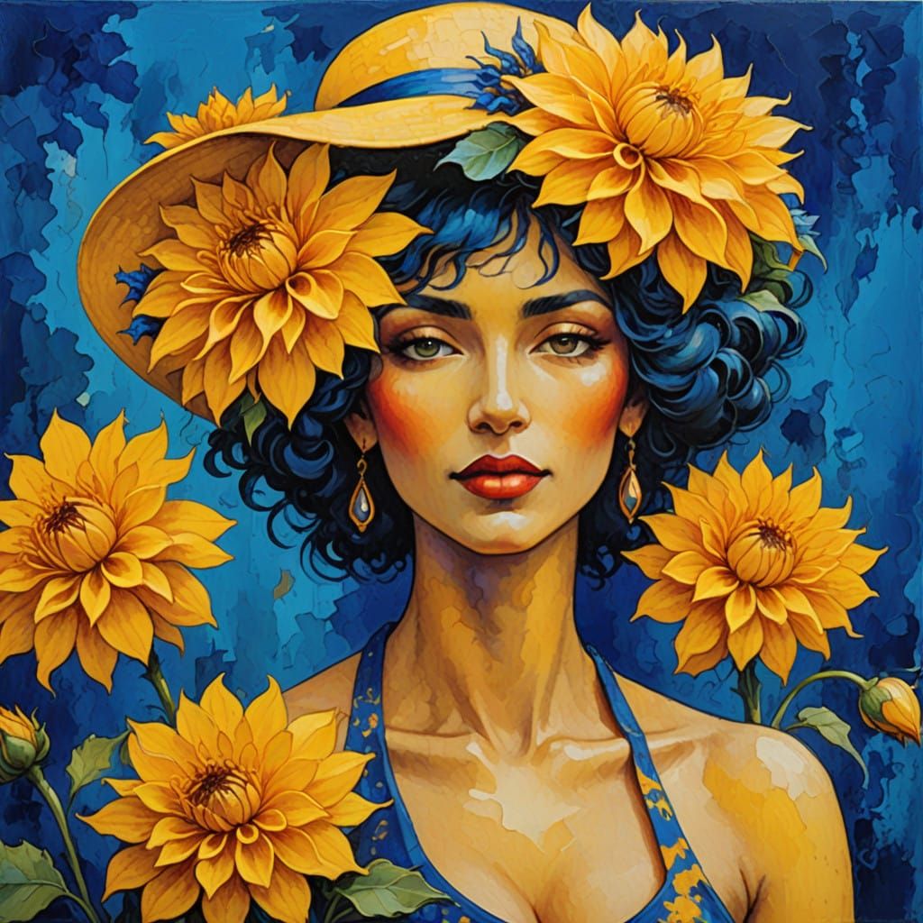 Lady in Cobalt Blue with Vibrant Yellow Dahlias