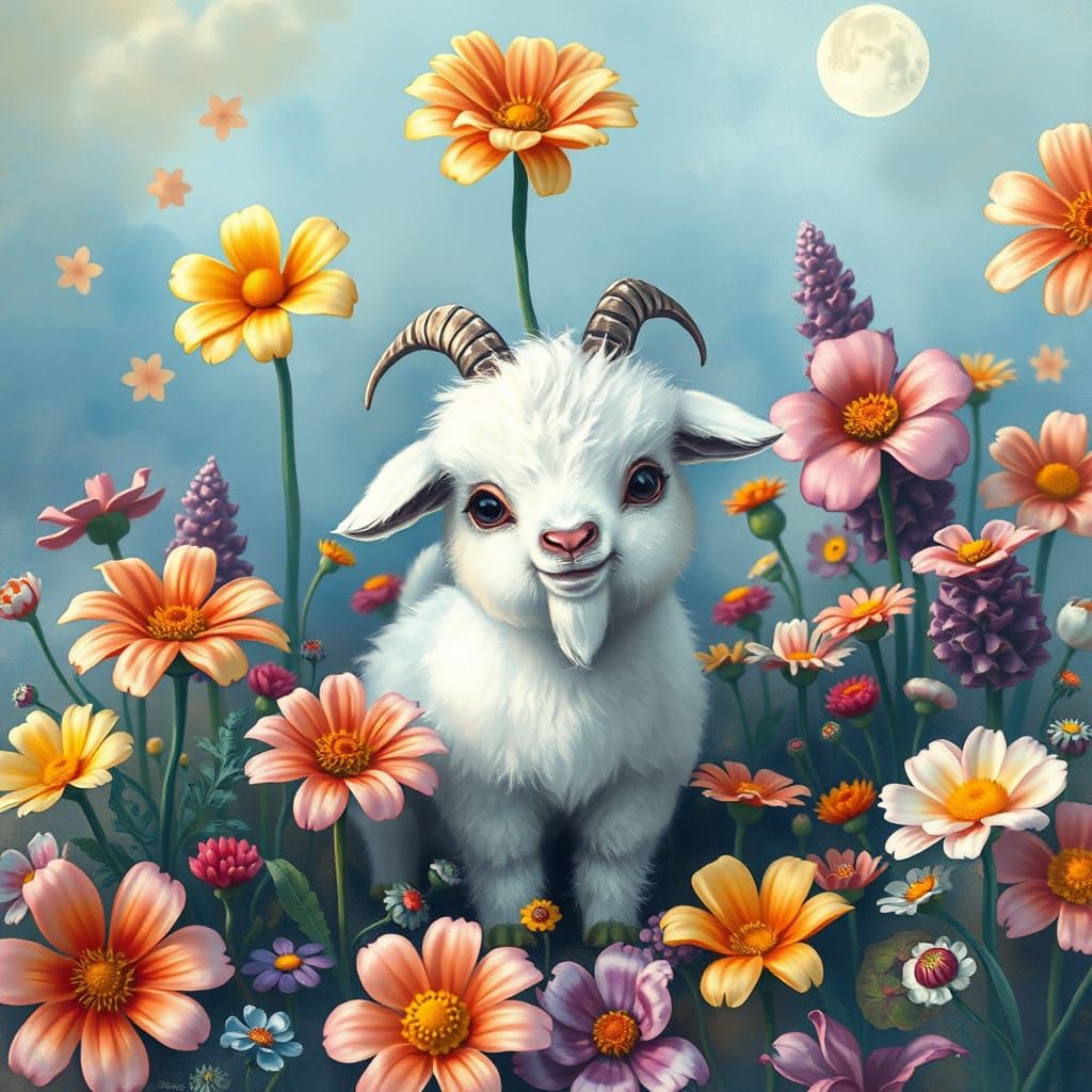 Surreal Goat Amidst Whimsical Watercolor Flowers