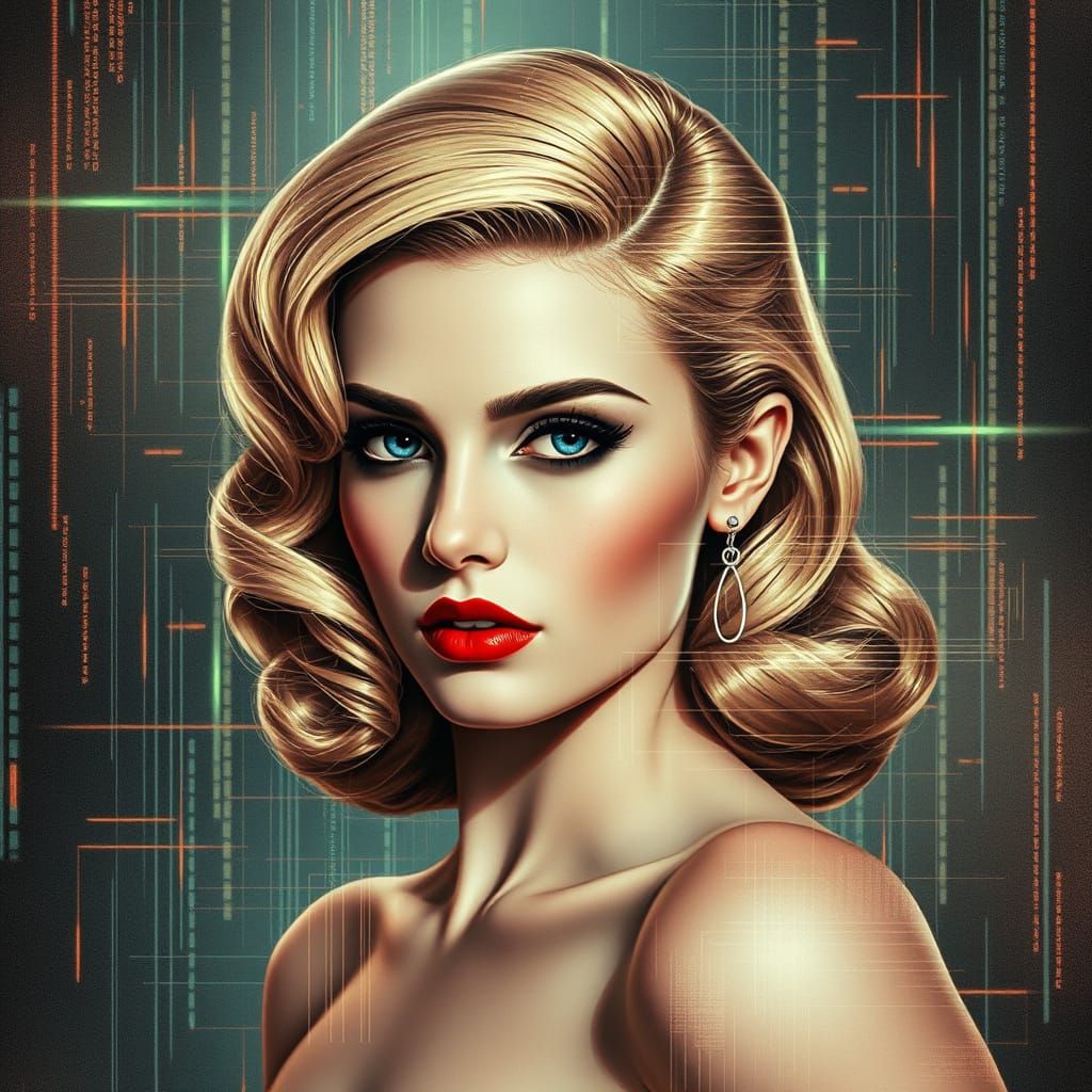 Sapphire-Eyed Pin-Up: Renaissance Meets Glitch Art