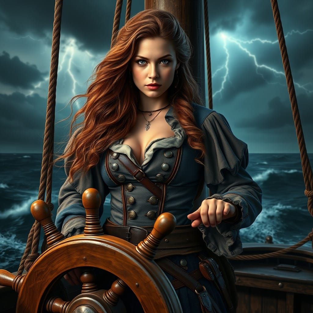 Pirate Goddess Conquers Stormy Seas in Intricate, Cyberpunk-...
