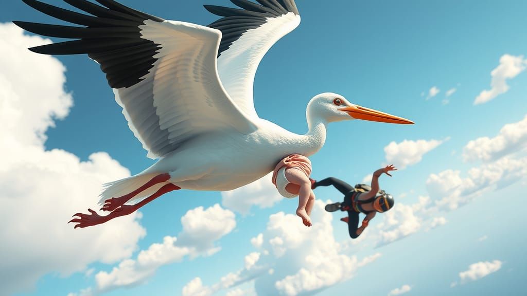 Stork and Baby with Skydiver, Dreamlike Digital Art