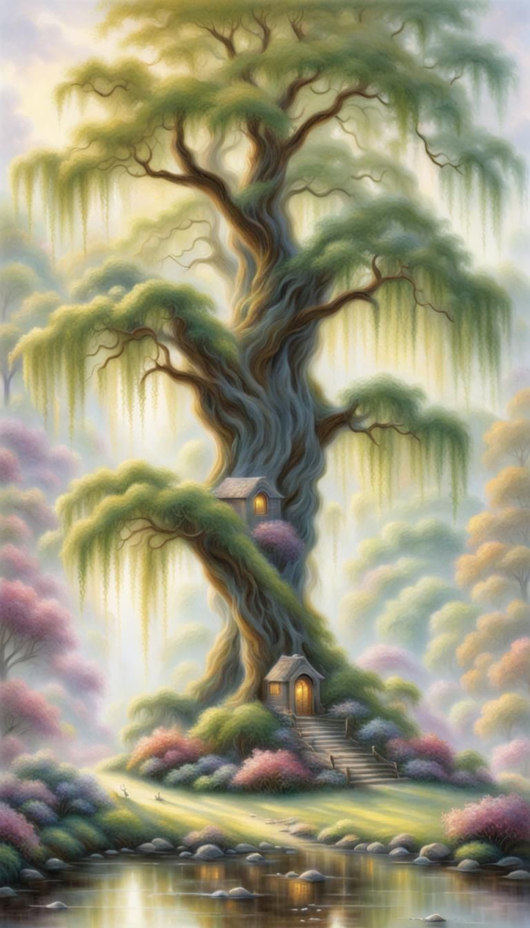 Ethereal Willow Tree in Fantasy Landscape