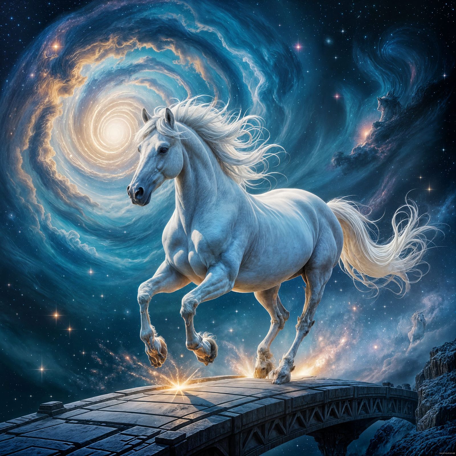 Majestic Horse Gallops Across Cosmic Bridge