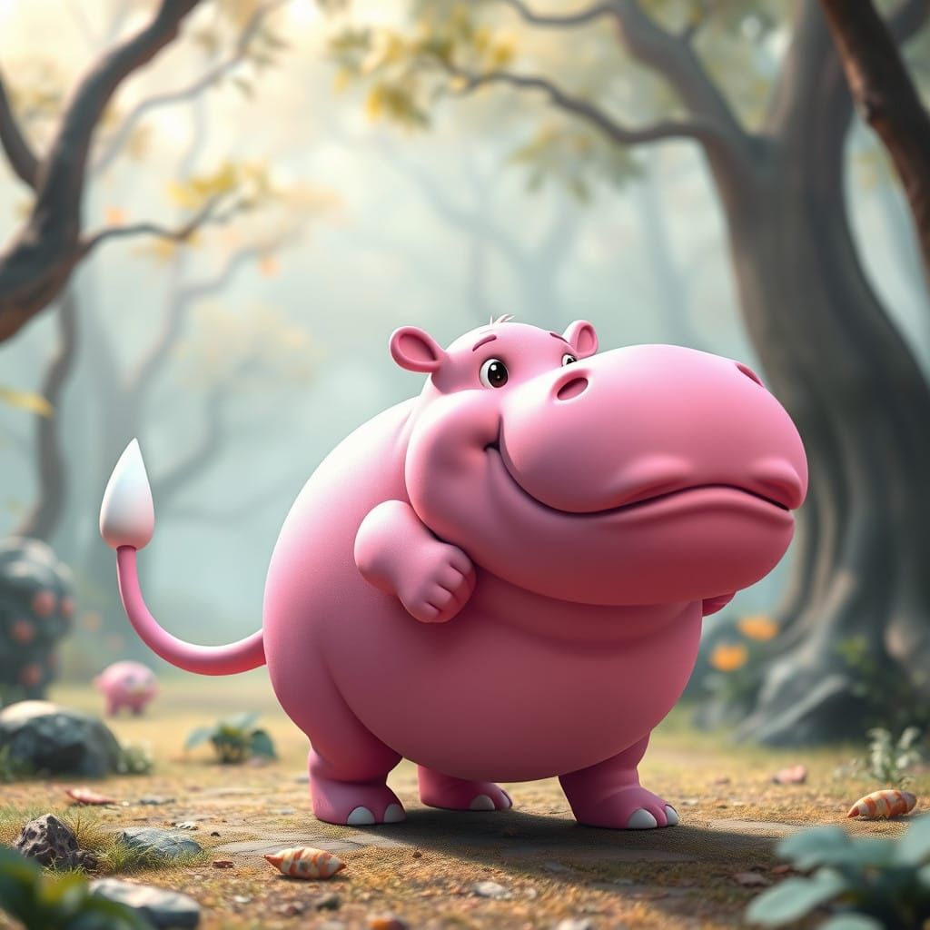 Whimsical Pink Hippo Creature in Fantastical Forest