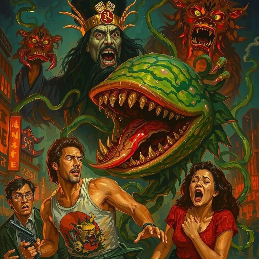 Monstrous Lo Pan Fused with Venus Flytrap in Neon Chinatown