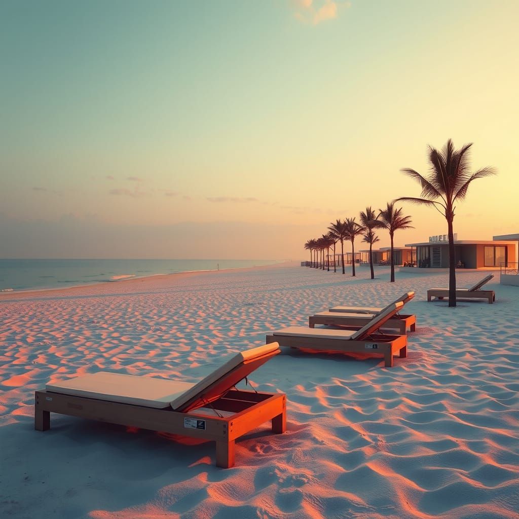 Deserted Modern Beach with Sunbeds in Cinematic Lighting