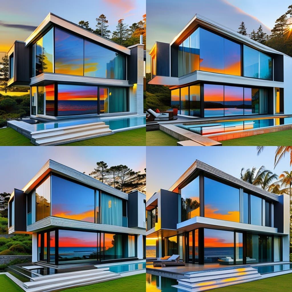 Modern House at Sunset: Impressionist Watercolor Painting