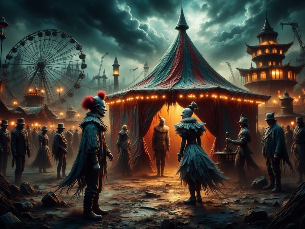 Creepy Abandoned Amusement Park with Clowns