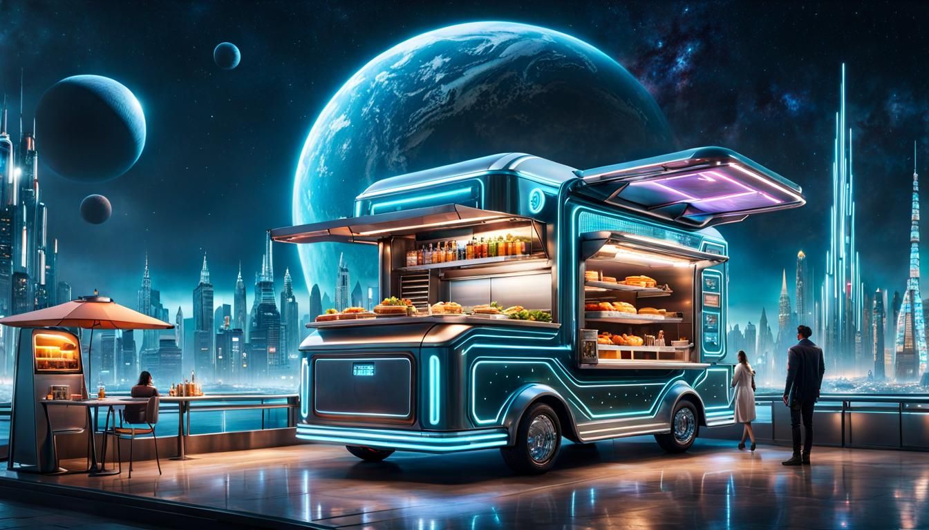 Futuristic Floating Food Truck in Sci-Fi City
