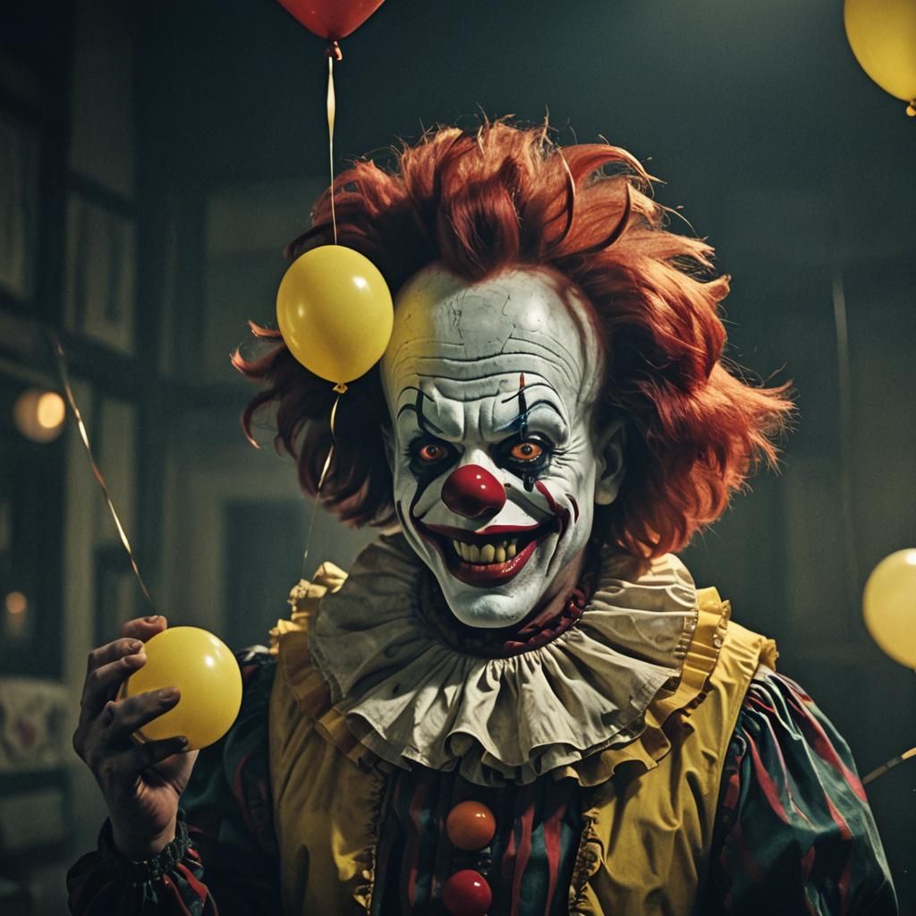 Creepy 1950s Clown with Balloon in Dark Fantasy Style