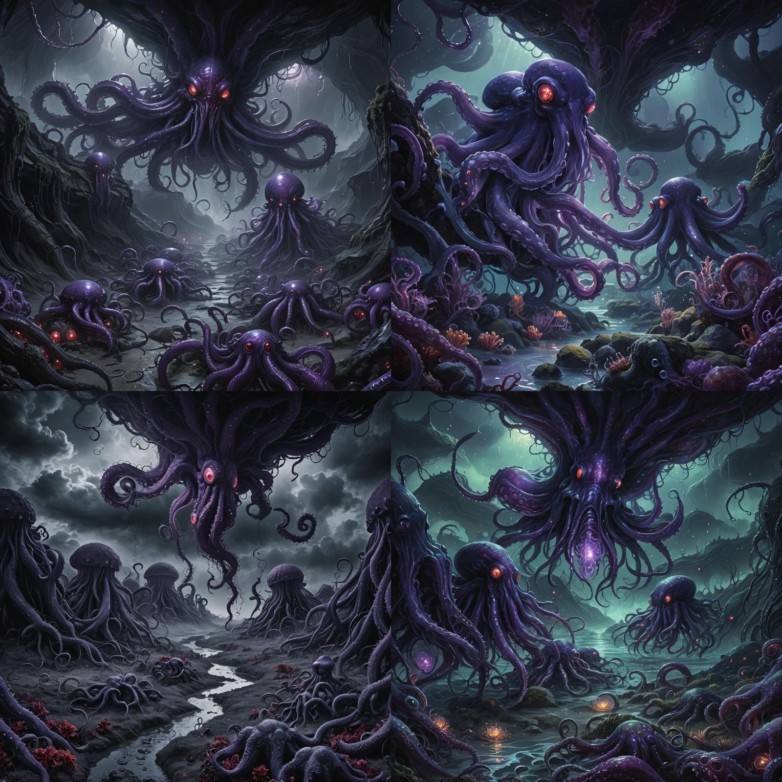 Purple Tentacle Creature with Red Eyes