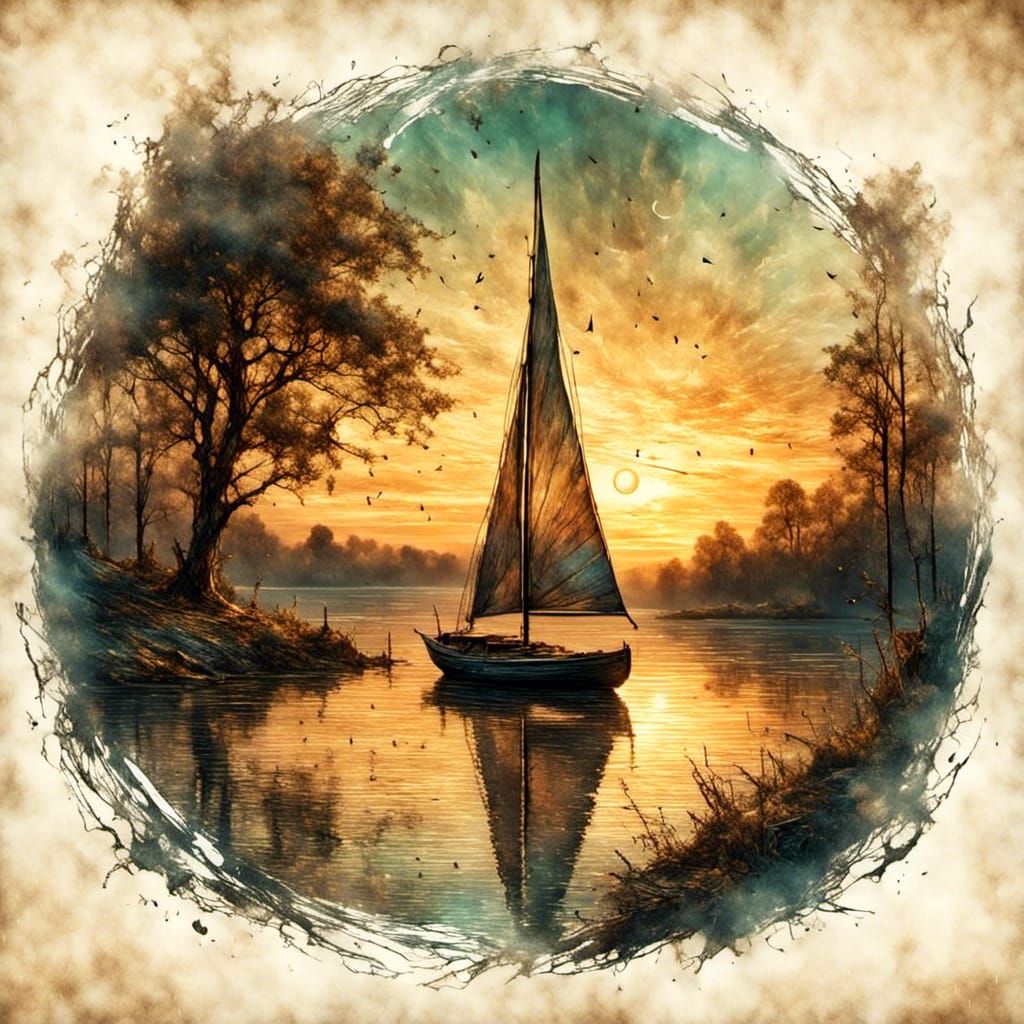 Sailboat on Lake at Golden Hour in Honeypunk Style