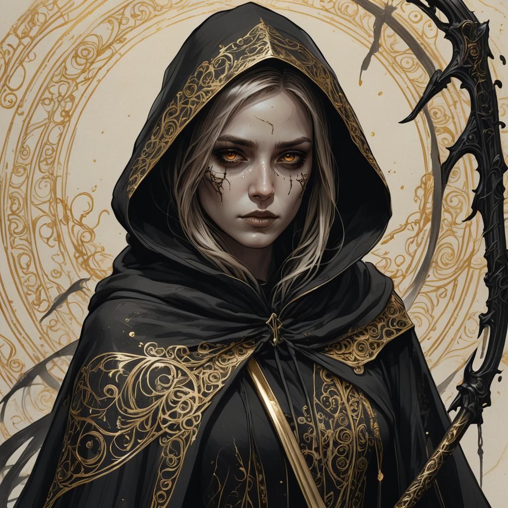 Grim Reaper Girl Portrait in Black Ink and Gold