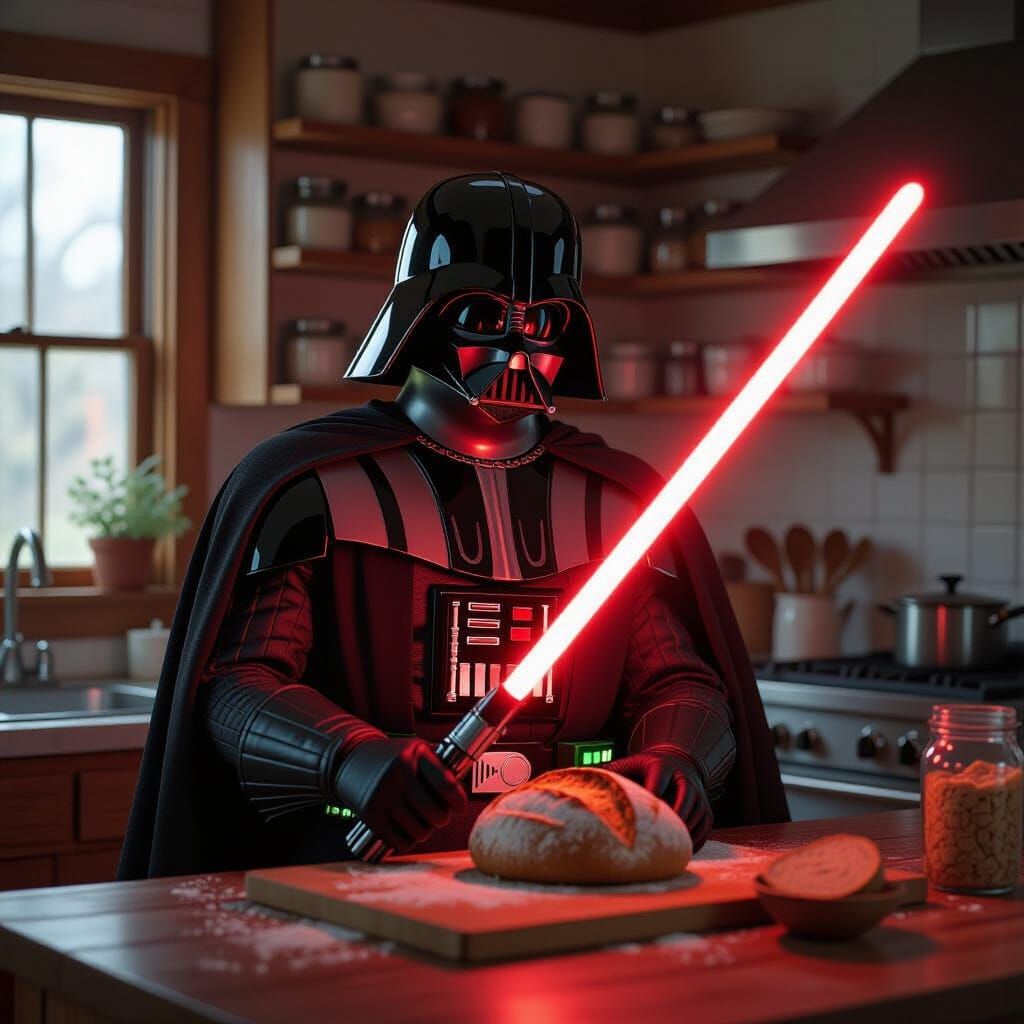 Darth Vader Slices Bread With Lightsaber in Rustic Kitchen