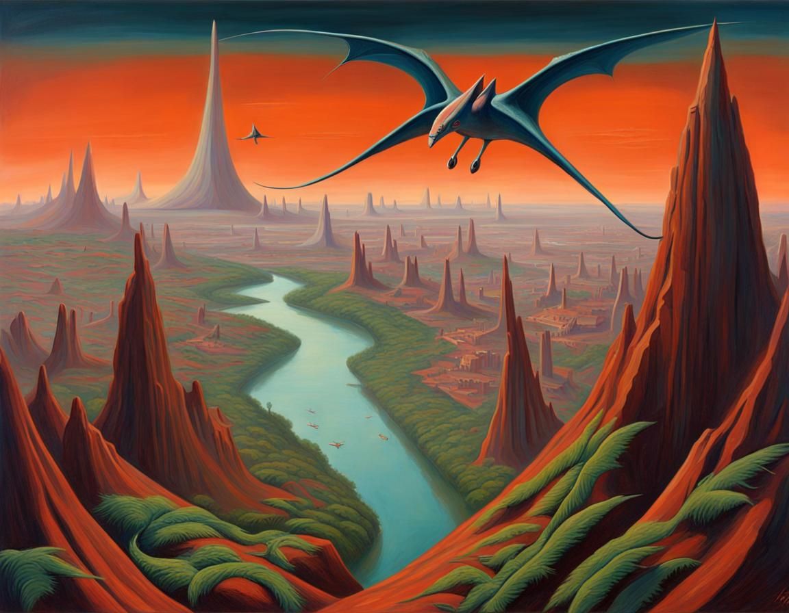Surreal Martian Cityscape with River of Life