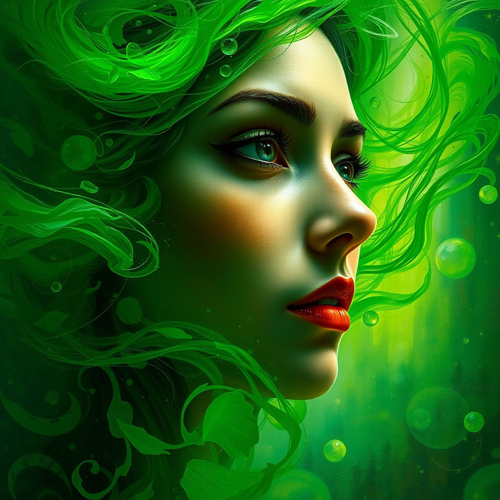 Emerald Mist Woman: Hyperrealistic Splash Art Portrait