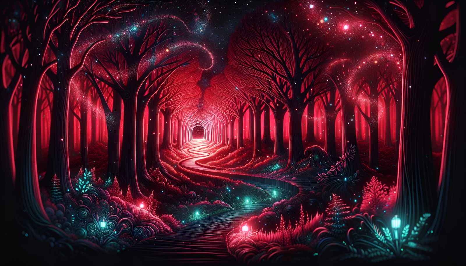 Path through Whimsical Red Fantasy enchanted forest