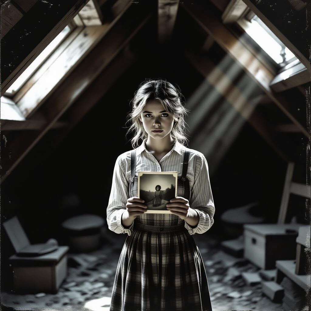Nostalgic Portrait in Dusty Attic: Vintage Photography
