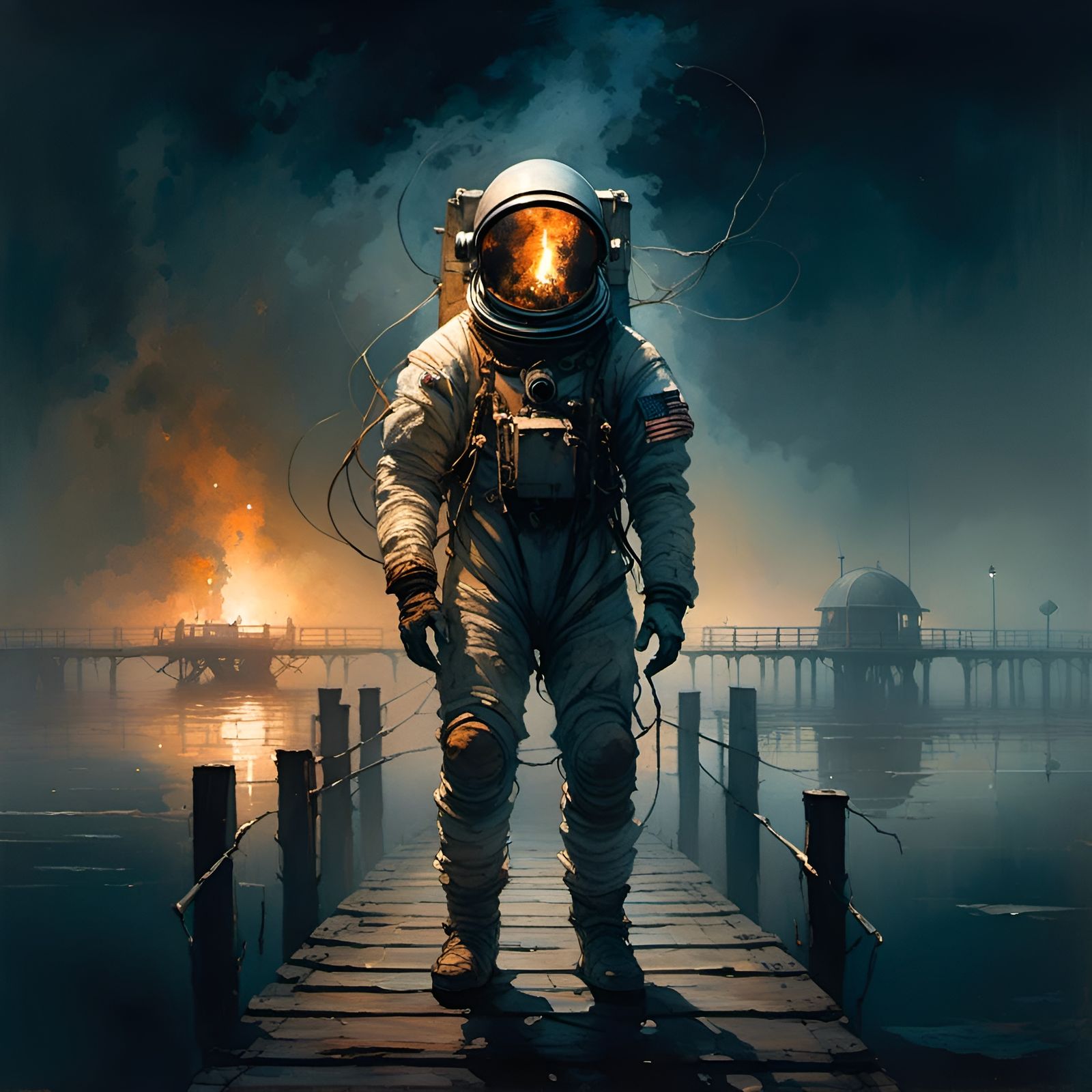 Nightmarish Astronaut on Foggy Pier