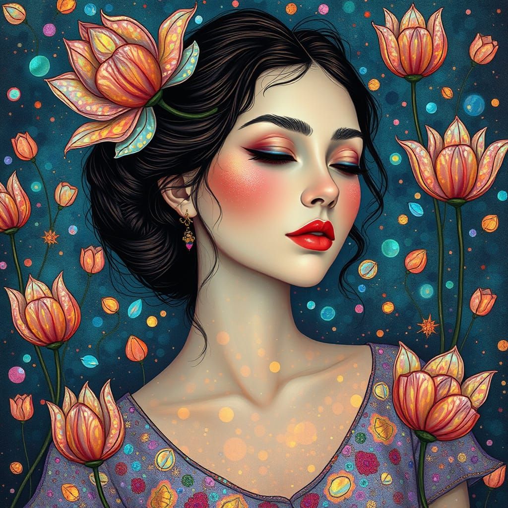 Ethereal Woman in Iridescent Opal and Crystal Tulips