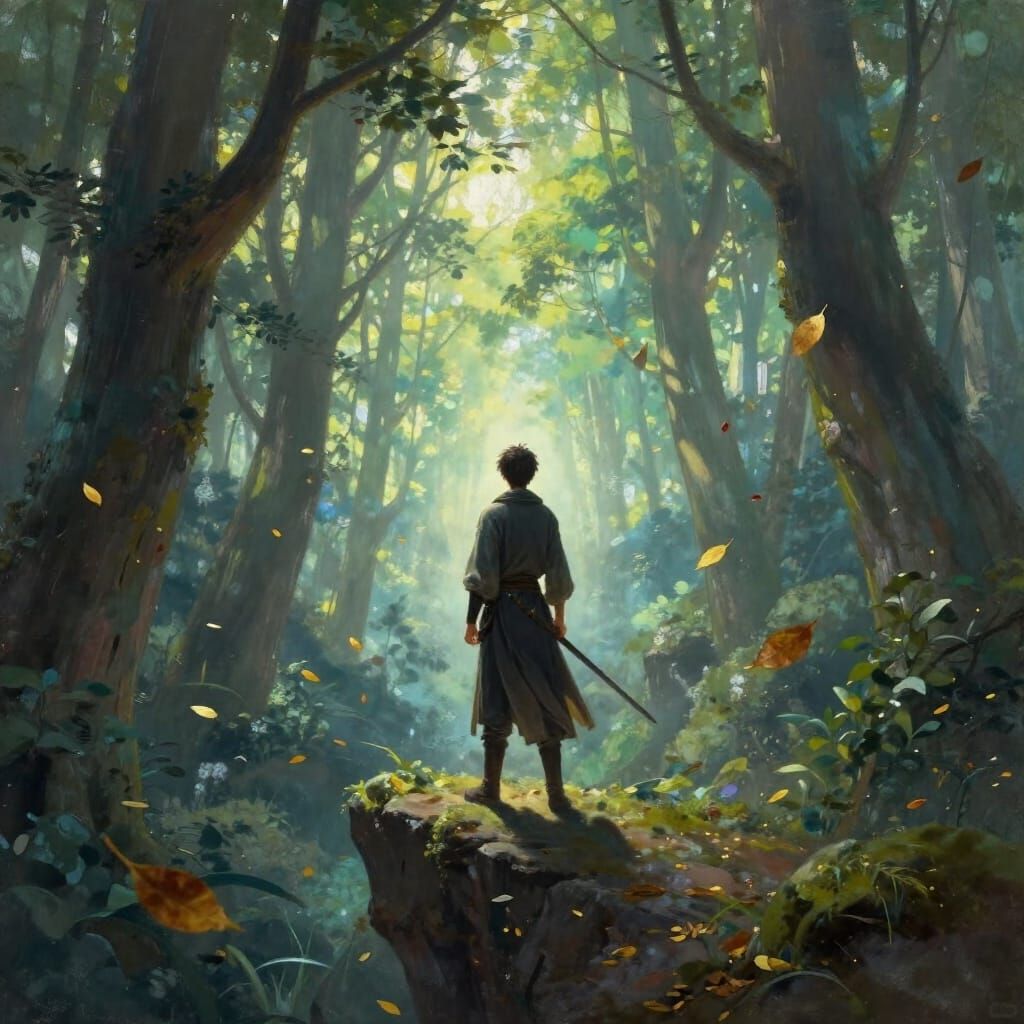 Immortal Swordsman Contemplates Time in Ancient Forest