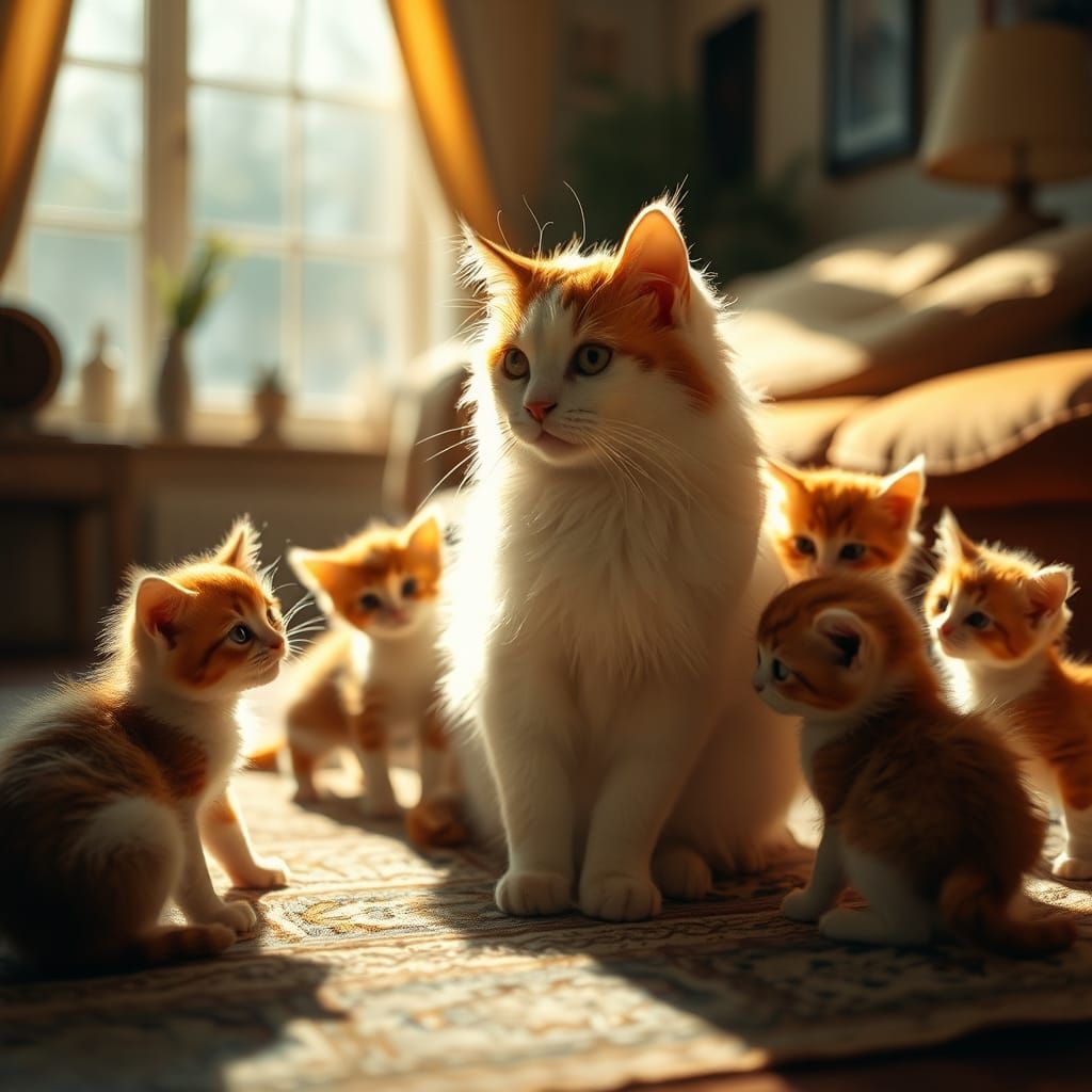Cat and Kittens in Cozy Living Room, Cinematic Style