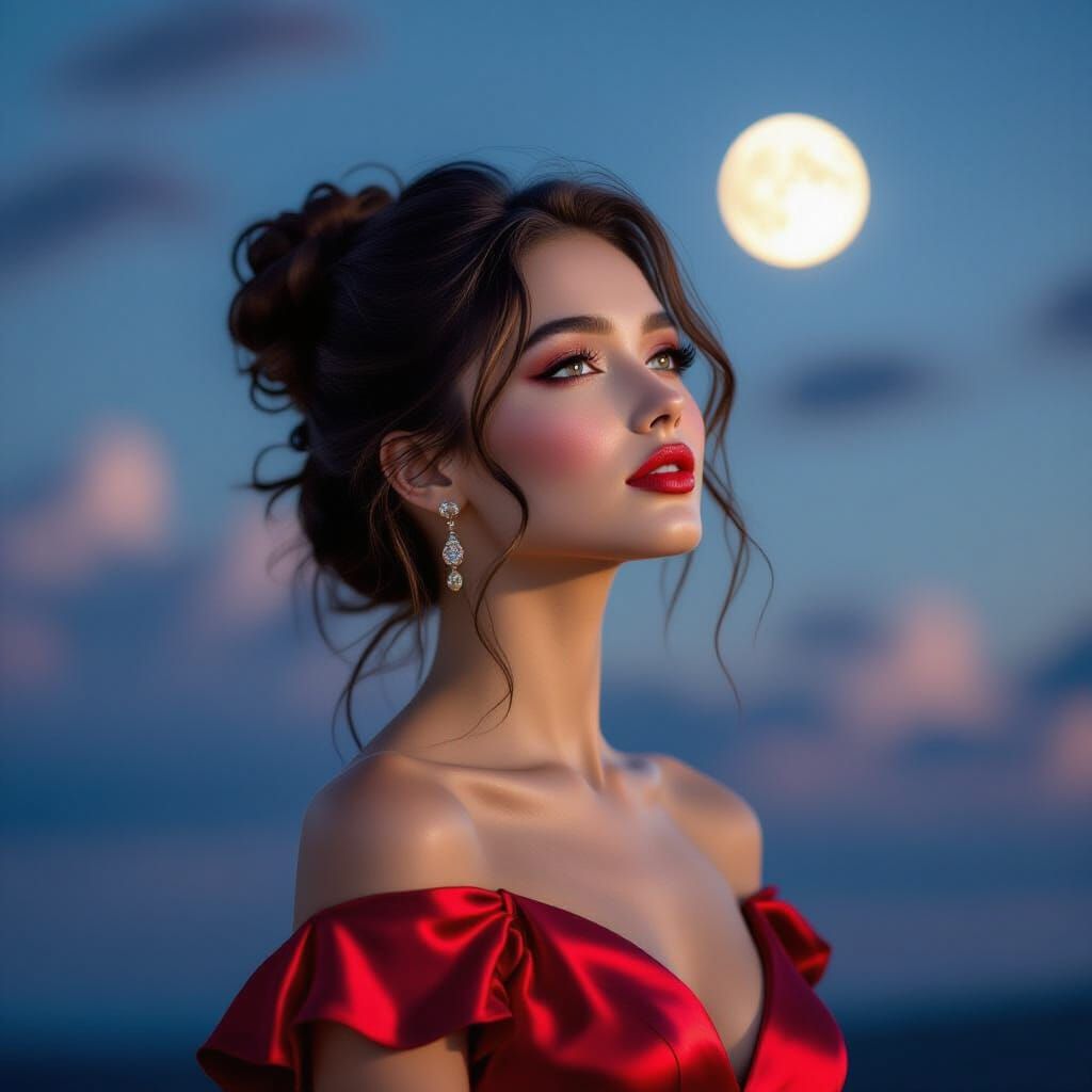 Elegant Girl with Rosy Lips in Twilight Sky