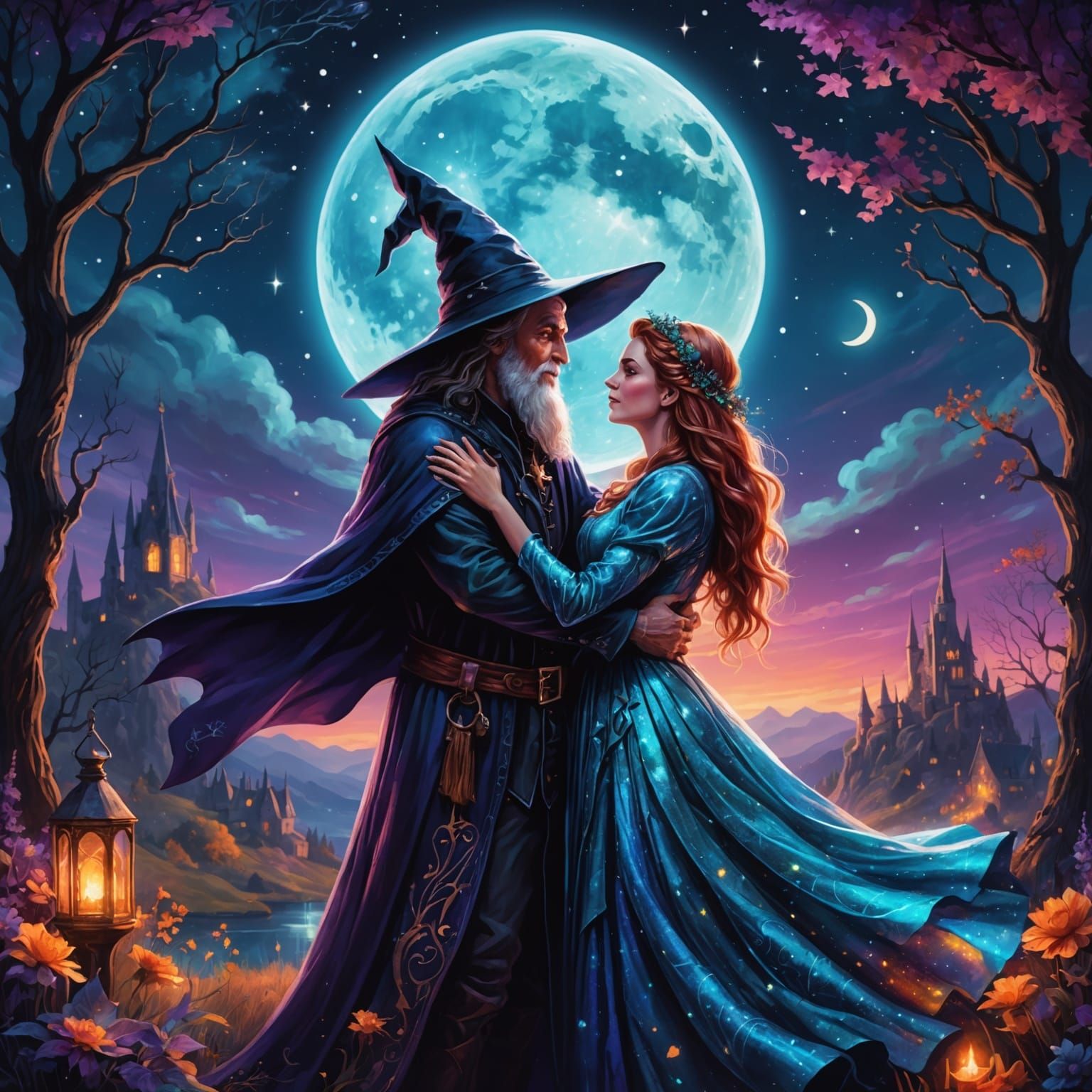 Romantic Magical Night: Witch and Wizard Embrace