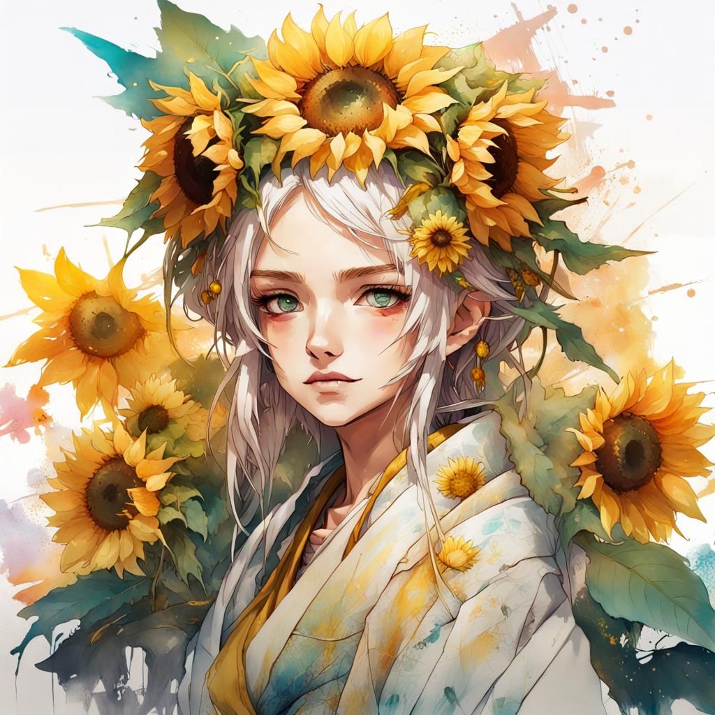Anime Sunflower Priestess in Flower Kimono