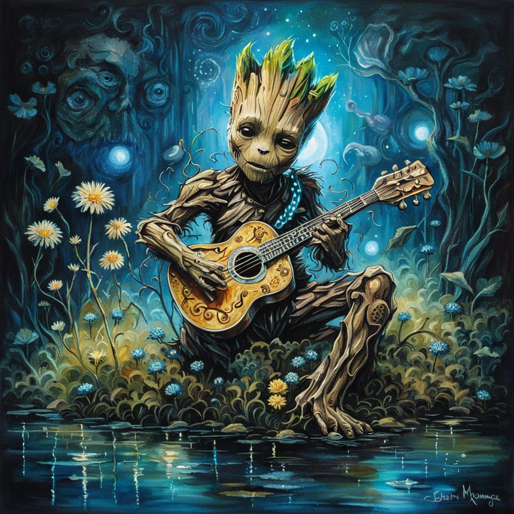 Steampunk Robotic Groot Plays Guitar in Glowing Forest