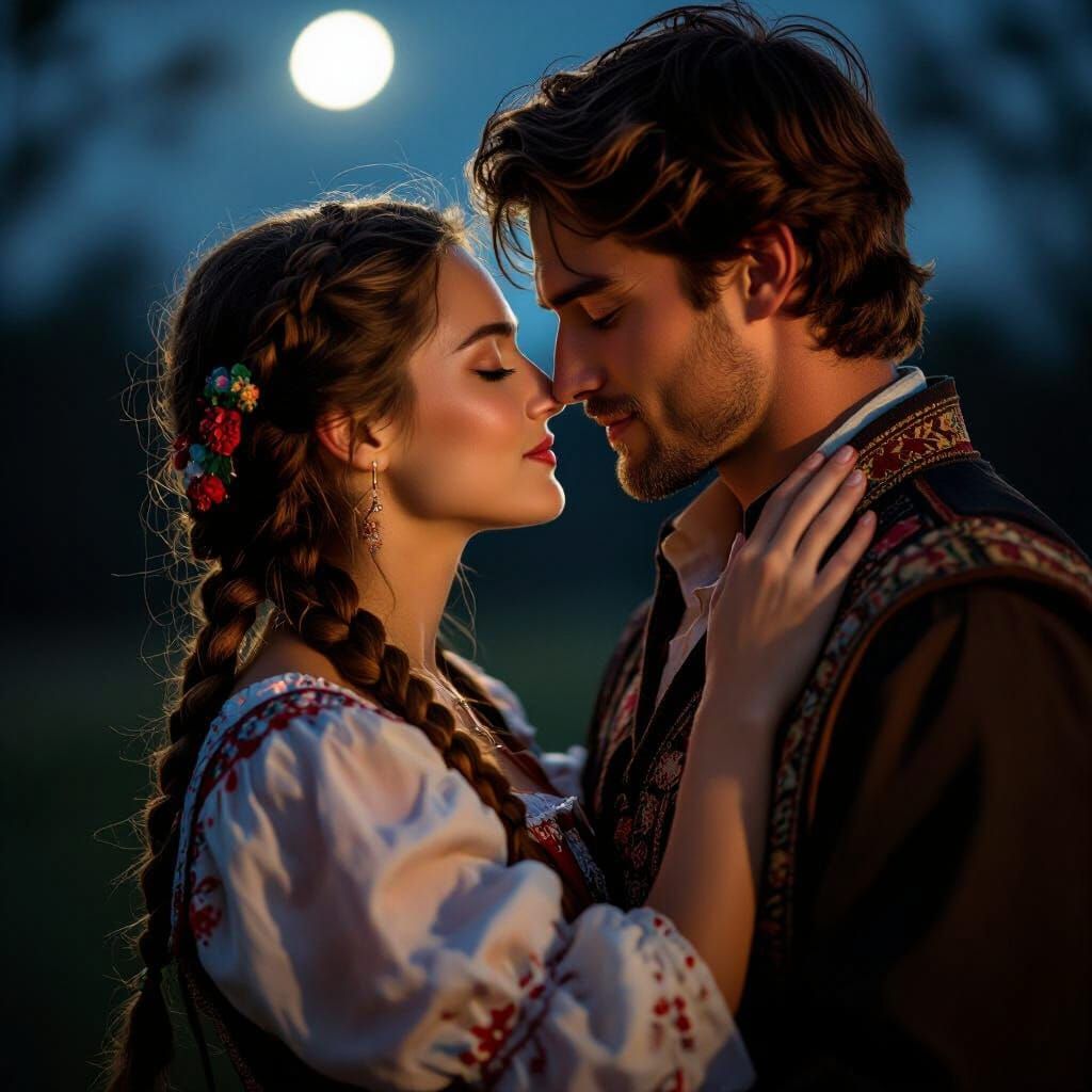 Moonlit Kiss: Folk Costume Romance in Gentle Mist