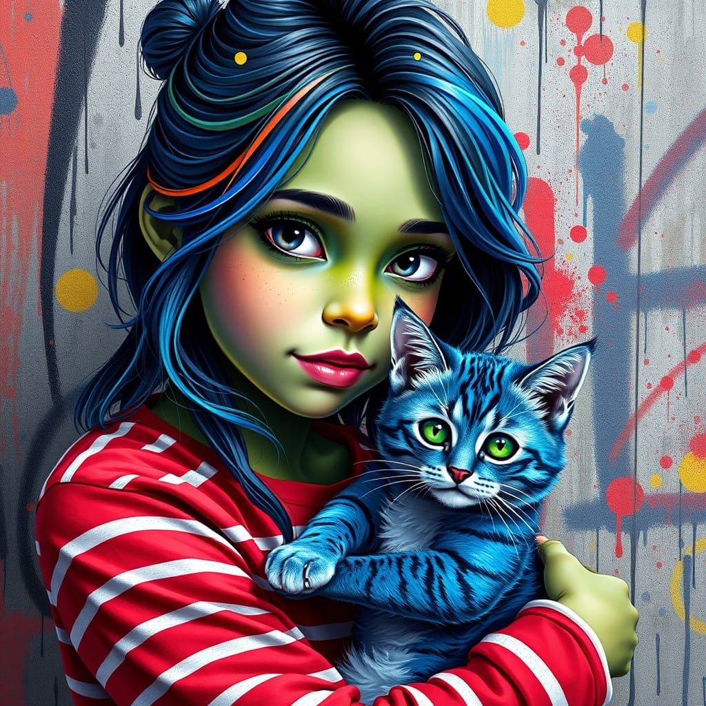 Vibrant Digital Painting of a Young Green Skinned Girl with...
