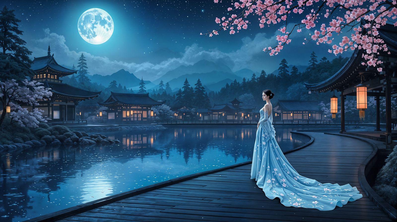Surreal Japanese Goddess Under Full Moon
