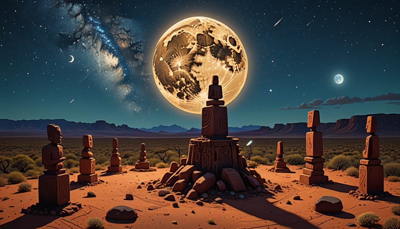 Ancient Desert Figures beneath Celestial Skies