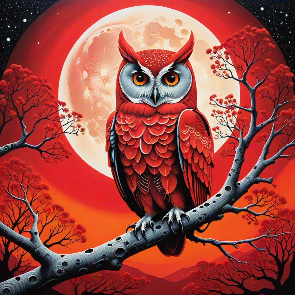 glowing scarlet owl on an branch in front of perfect big glowing red luminous moon!!!!! starry crimson night sky...