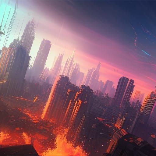 Explosion Destroys City Skyline in Fantasy Art