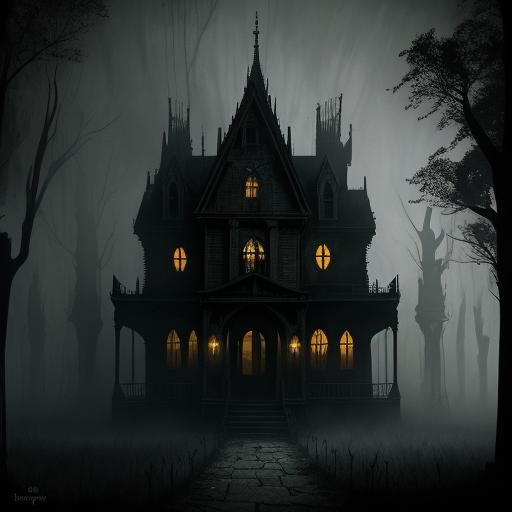 Gothic Horror: Figure at Haunted House Entrance
