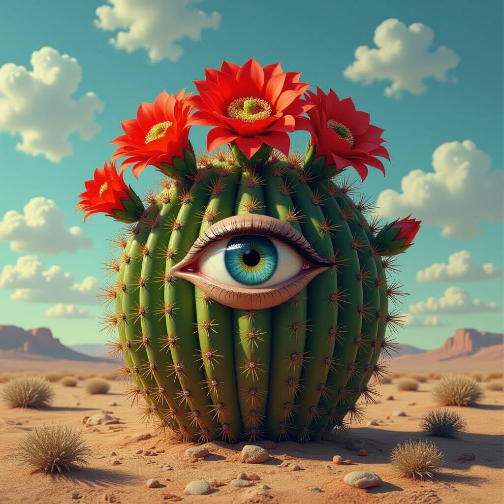 Surreal Cactus with Red Flowers and Human Eye