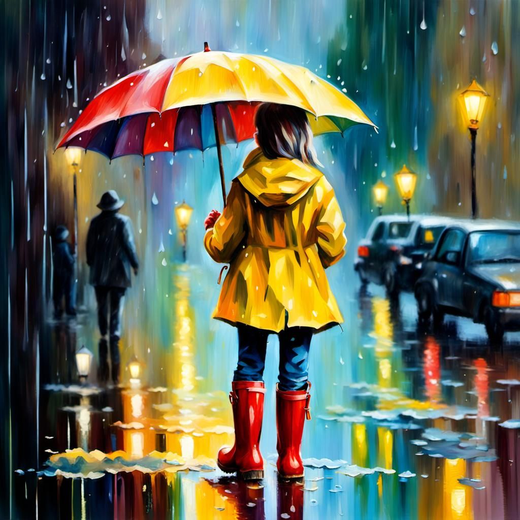 Whimsical Oil Painting of Little Girl in Yellow Boots, Carry...