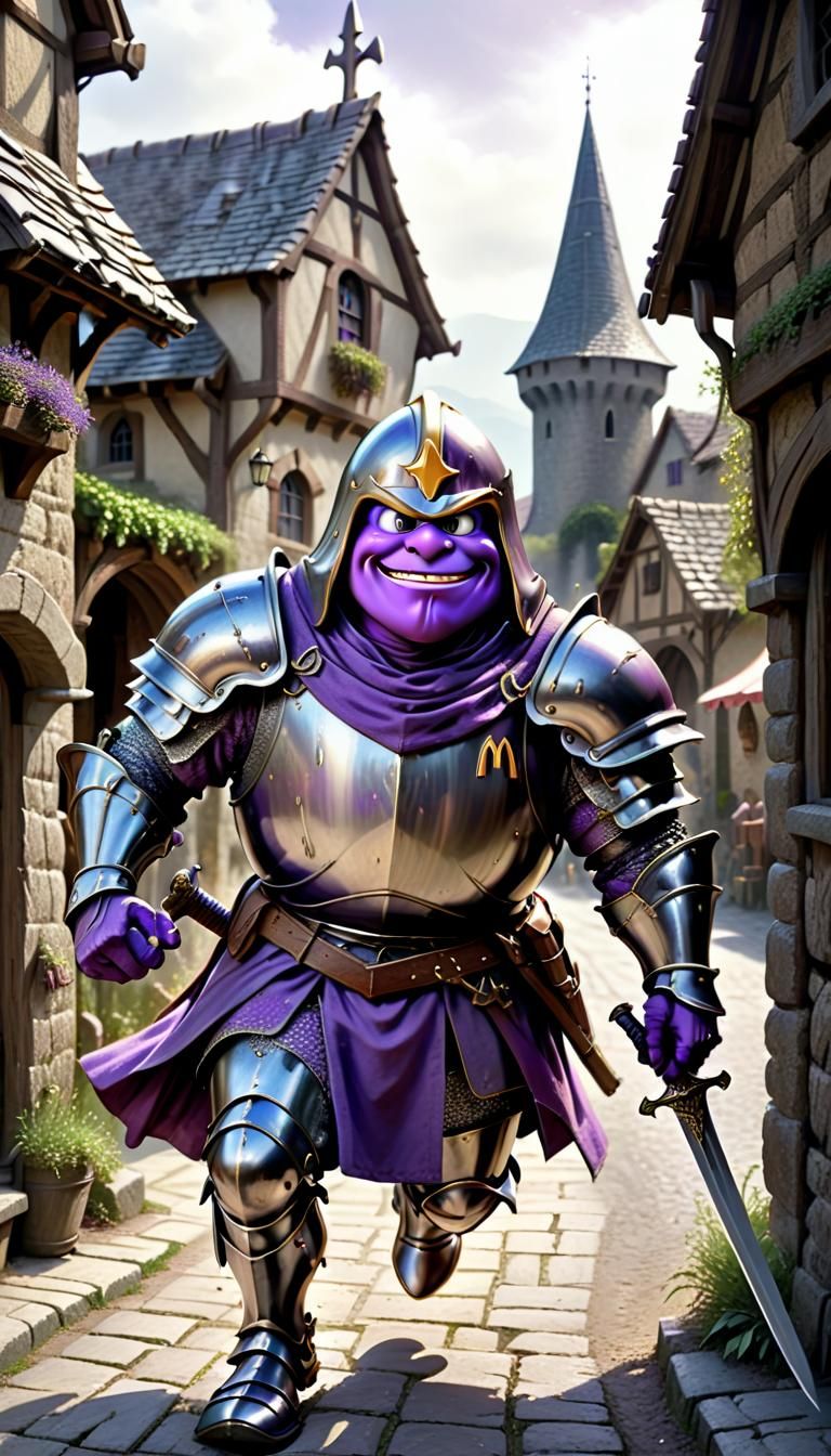 GRIMACE THE PURPLE MCDONALDS CHARACTER IN ARMOR with a sword, running through a medieval village.. 🤣🤣🤣